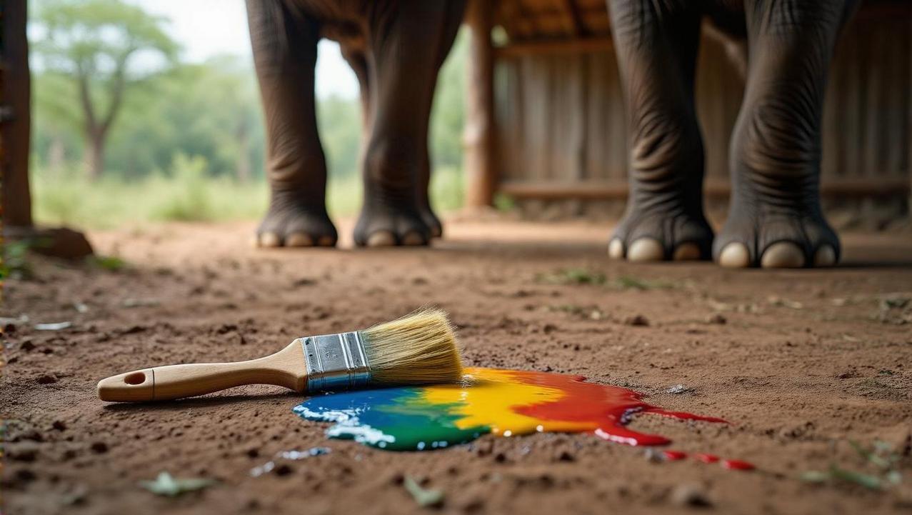 The End of Unnatural Elephant Performances A discarded paintbrush and paint on the ground near an elephant's feet, symbolizing the end of cruel elephant shows and tricks for tourism.