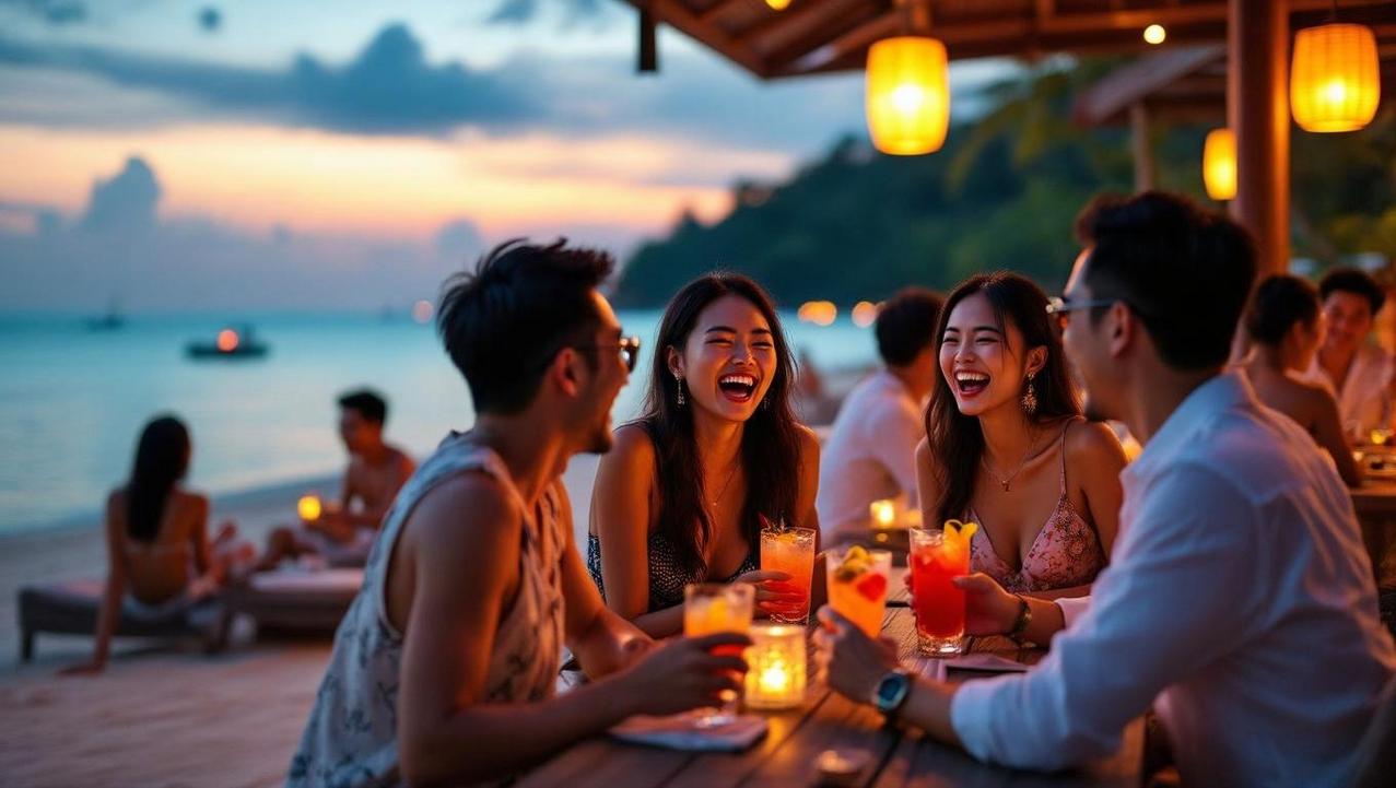 The Energetic Heartbeat of Samui's East Coast A photograph showing a vibrant and sophisticated beach club on Koh Samui's east coast, full of energy and people enjoying the nightlife.