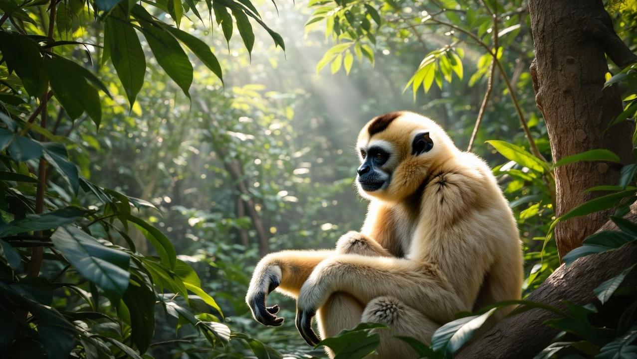 A gibbon rests peacefully in a lush, sunlit enclosure at the Gibbon Rehabilitation Project in Phuket, showcasing an ethical wildlife encounter focused on conservation.
