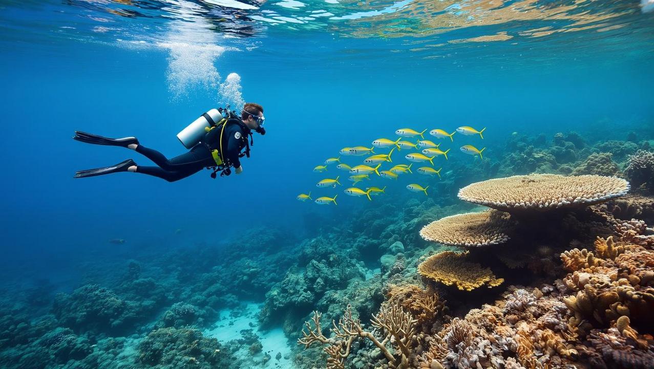 Ethical Diving Practices in Phuket's Marine Realm A scuba diver demonstrates ethical diving by maintaining neutral buoyancy and a respectful distance from a coral reef in Phuket.