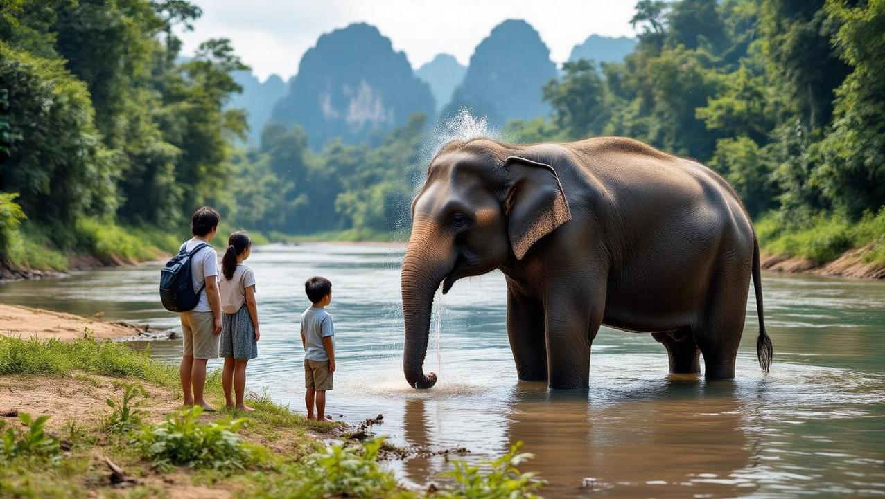 Ethical Elephant Observation in a Thai Sanctuary A family observing an elephant ethically as it bathes in a river in its natural sanctuary habitat in Khao Sok, highlighting responsible wildlife tourism.