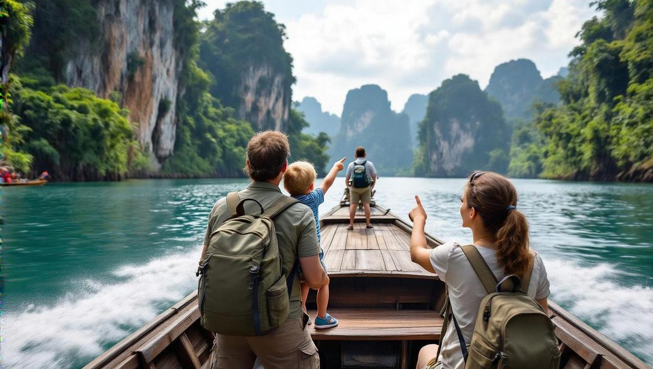 Ethical Family Adventure in Khao Sok National Park A family enjoying an ethical wildlife adventure on a longtail boat on Cheow Lan Lake, Khao Sok National Park.