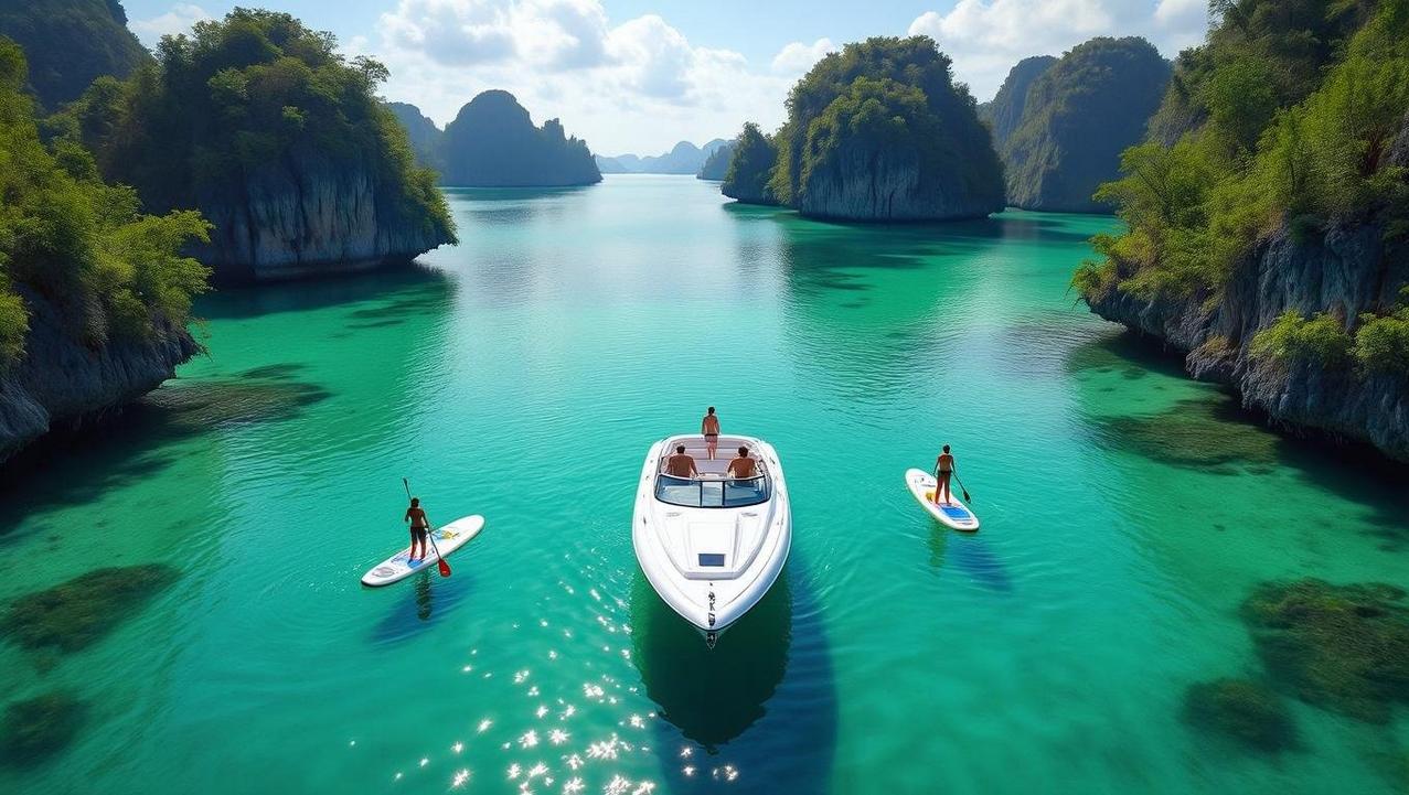An aerial view of a private family boat trip, showing the speedboat anchored alone in a stunning, hidden bay, highlighting the benefit of exclusivity.