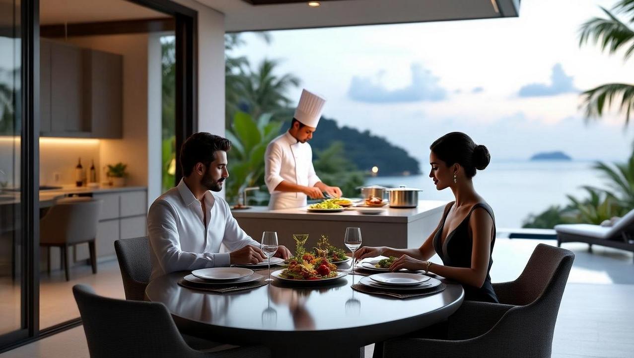 Exclusive Gourmet Dining in a Surin Villa A couple enjoying an exclusive, private chef-prepared dinner in a luxury Surin villa, highlighting the area's resort-centric gourmet experiences.