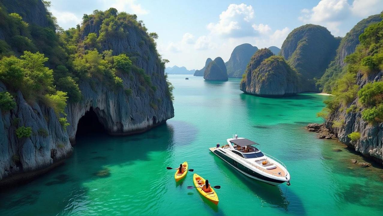 Exclusive Kayaking Adventure in Ang Thong Marine Park An aerial view of a private luxury speedboat in a secluded Ang Thong Marine Park lagoon, with a couple kayaking towards a sea cave, showcasing a luxury private tour experience.