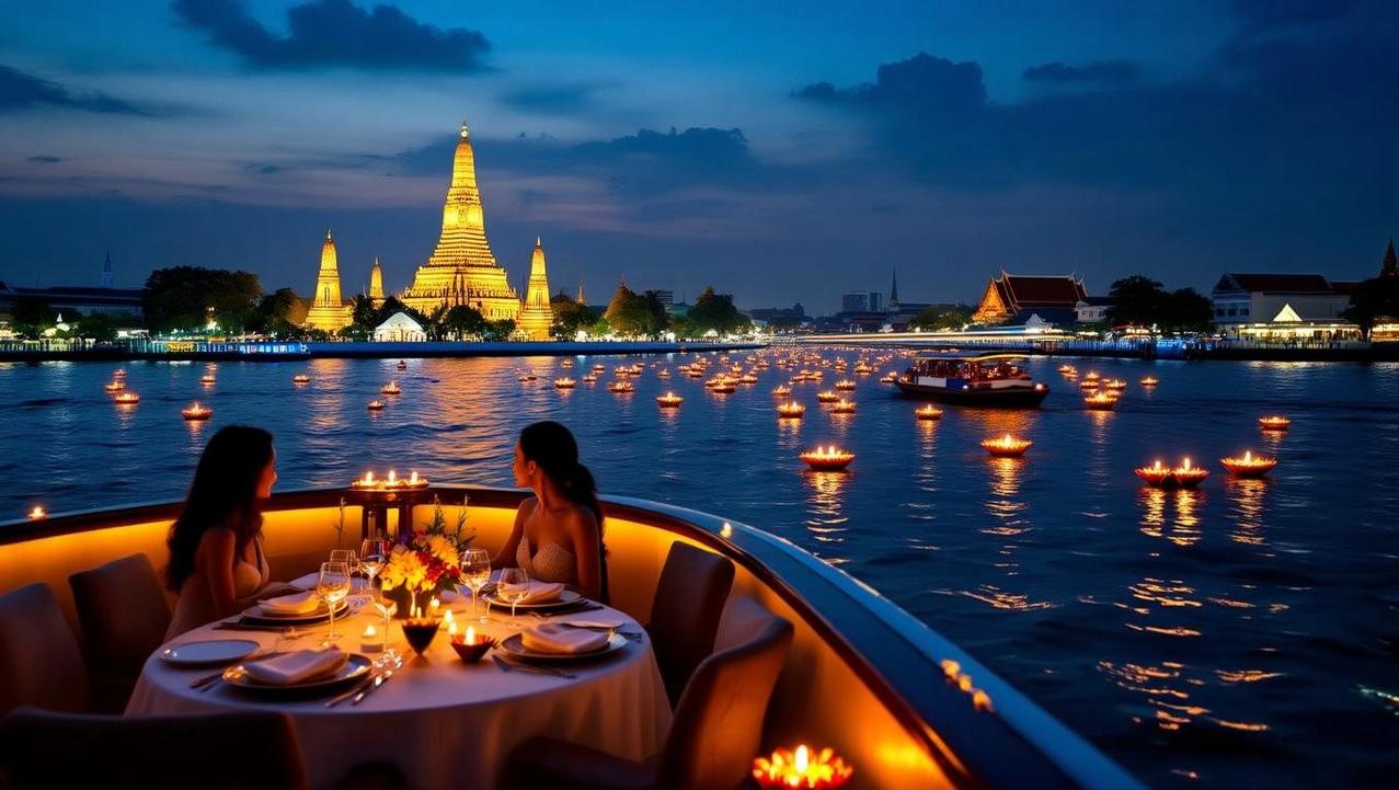 A view from a private Loy Krathong dinner cruise in Bangkok, showing countless glowing krathongs on the river and an illuminated temple.