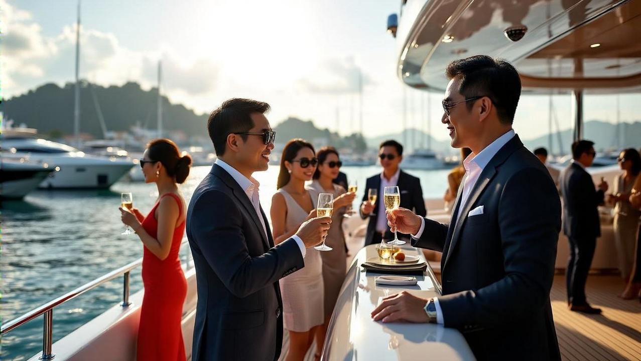Exclusive Networking at the Thailand International Boat Show VIP guests network with champagne on a superyacht at the sunlit Thailand International Boat Show in a Phuket marina.