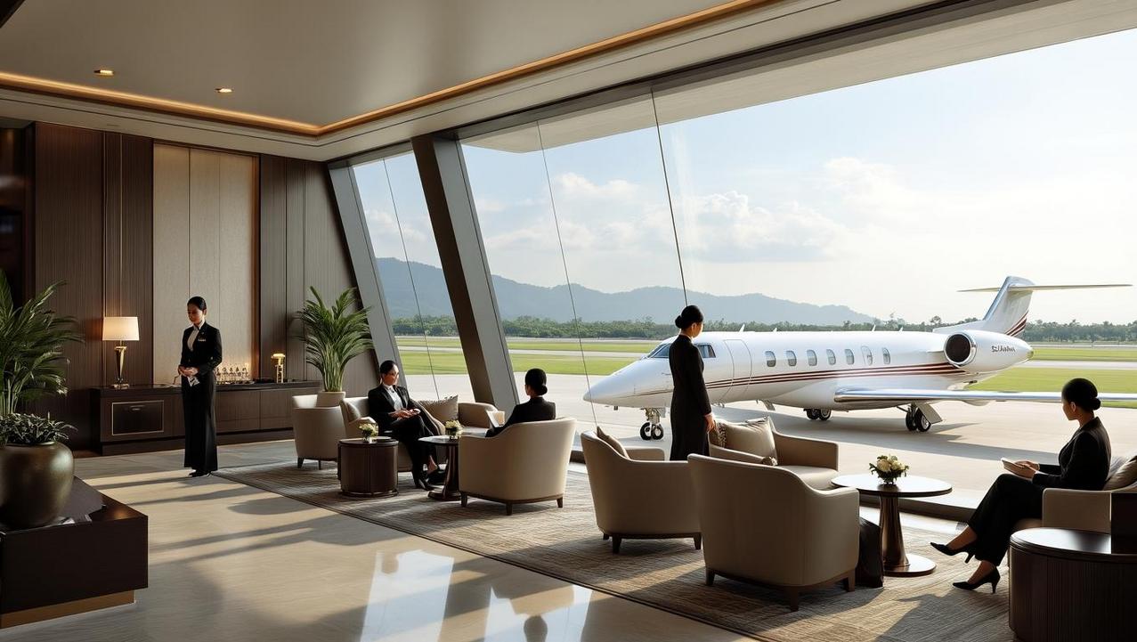 The Exclusive Phuket Private Jet Terminal Experience The luxurious and private lounge of Phuket's dedicated private jet terminal, offering an exclusive arrival experience in Thailand.