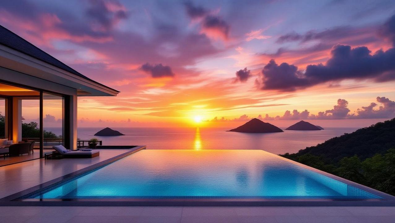 An uninterrupted, spectacular sunset view from a luxury villa in Lipa Noi, showing the silhouettes of the Five Islands against a colorful sky.
