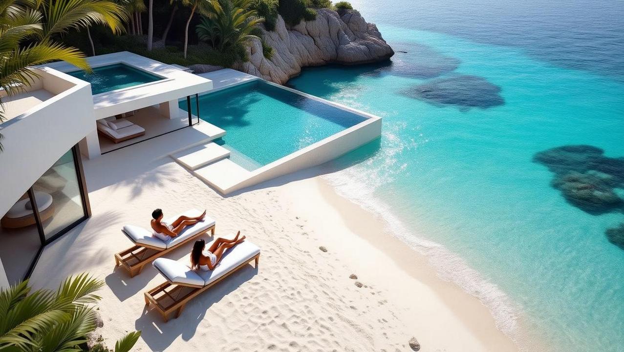 Exclusive Serenity at a Chaweng Noi Cove A stylish couple relaxing by an infinity pool on a pristine, exclusive white sand beach in Chaweng Noi, embodying modern luxury and serenity.