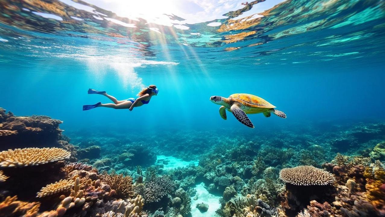 Exclusive Snorkeling Experience in the Similan Islands A couple enjoys a private snorkeling experience in the pristine, crowd-free waters of the Similan Islands, observing a sea turtle and coral.