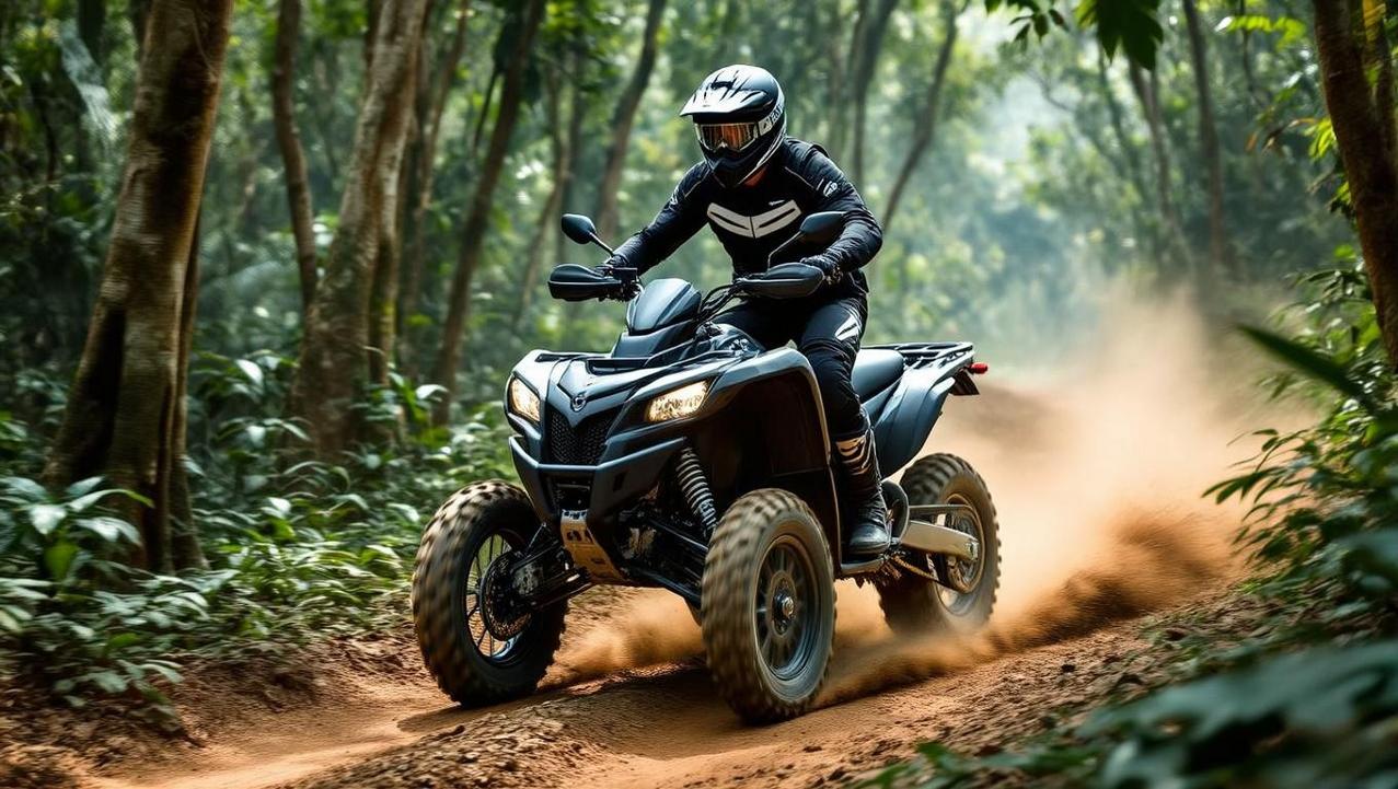 An adventurer on an ATV expedition, riding through the lush, green jungle trails of the Similan Islands, kicking up dust.