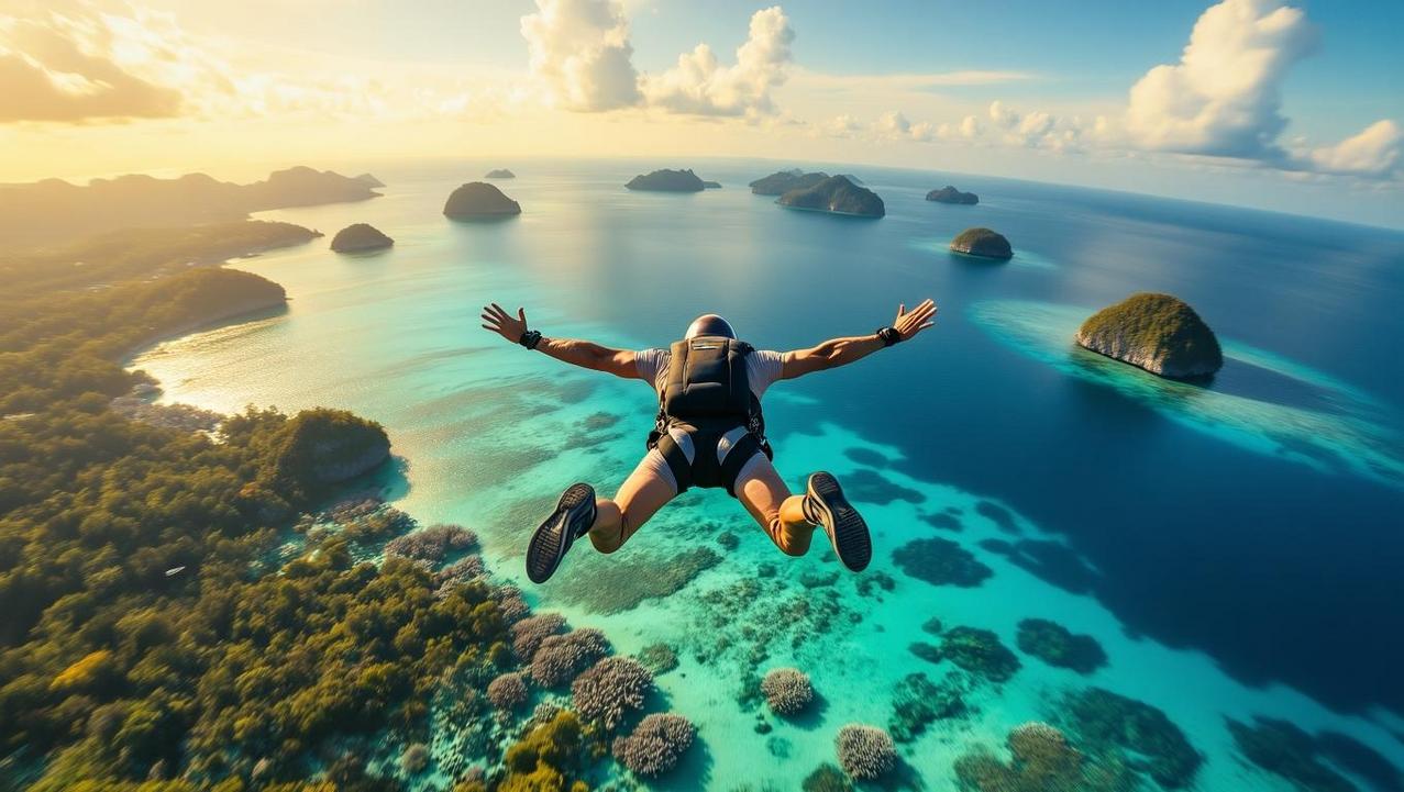 An exhilarating VIP skydiving experience captures a person freefalling over the stunning Thai coast at sunset, with numerous small islands dotting the turquoise sea.