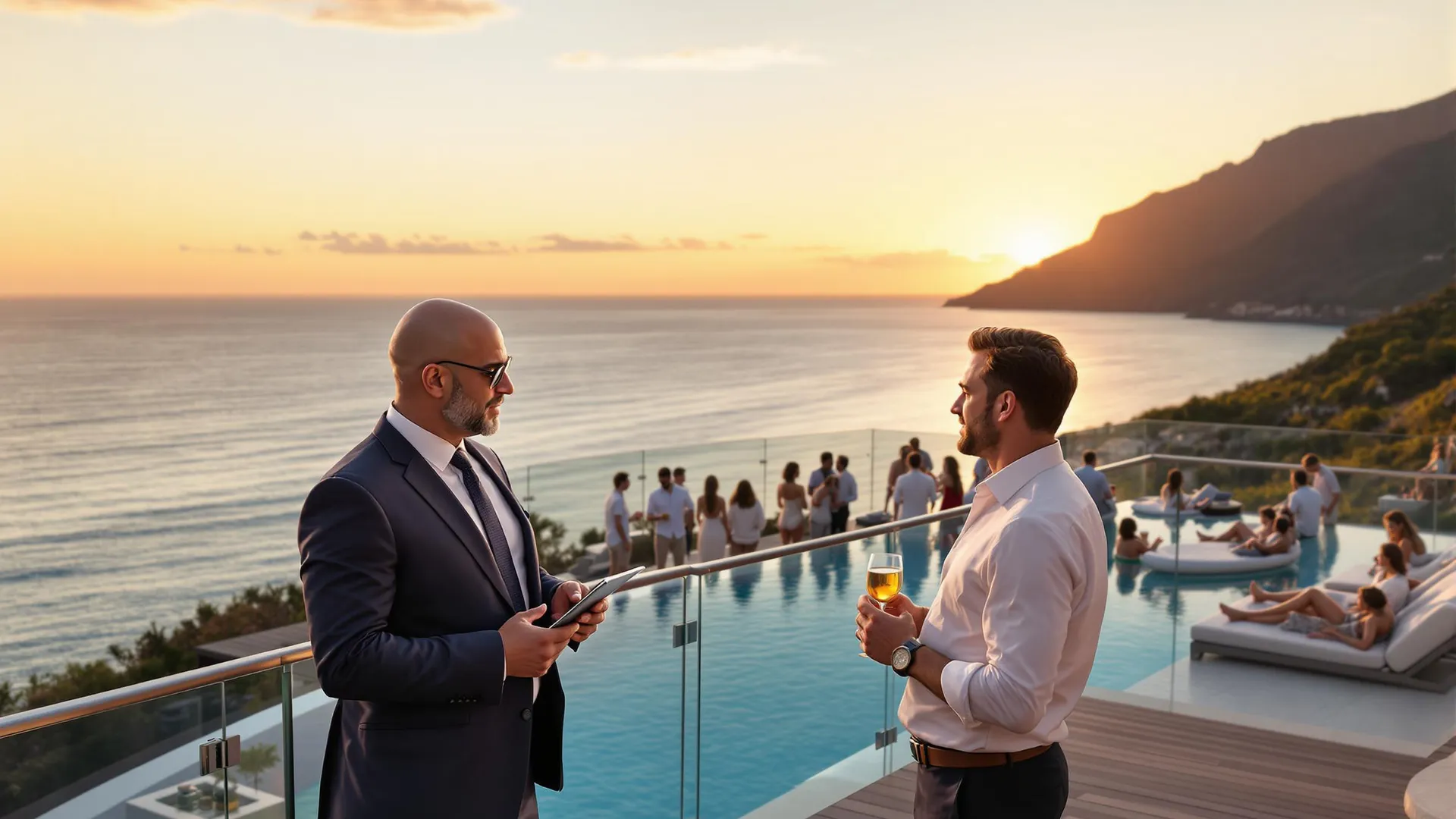 Expert Planning for a Seamless Villa Experience A professional villa manager planning logistics with a guest on a tablet, showcasing the seamless service that creates an invisible luxury experience.