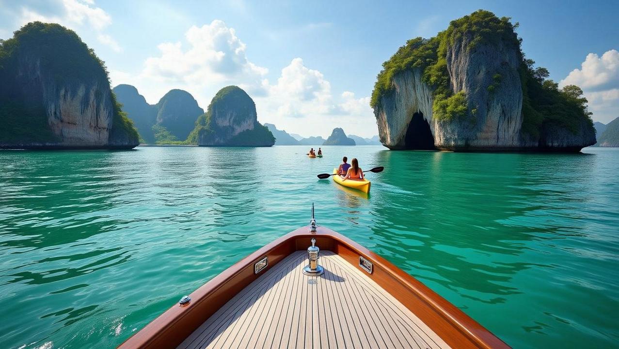 Exploring the Natural Wonders of Ang Thong Marine Park View from a yacht of the stunning limestone karsts in Ang Thong Marine Park, with a family kayaking in the emerald water, highlighting a nature-focused cruising experience from Koh Samui.