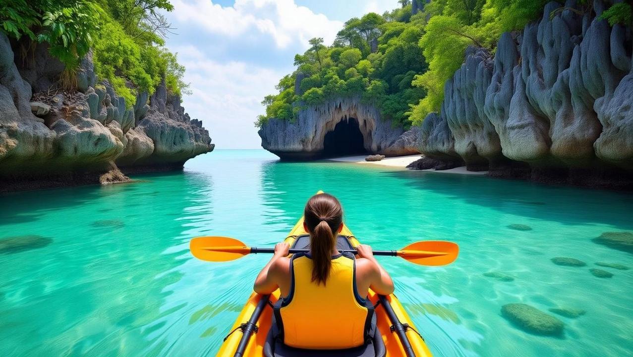 An adventurer paddles a kayak through the calm turquoise waters of Samrong Bay, Koh Samui, toward a hidden cove surrounded by lush limestone cliffs.