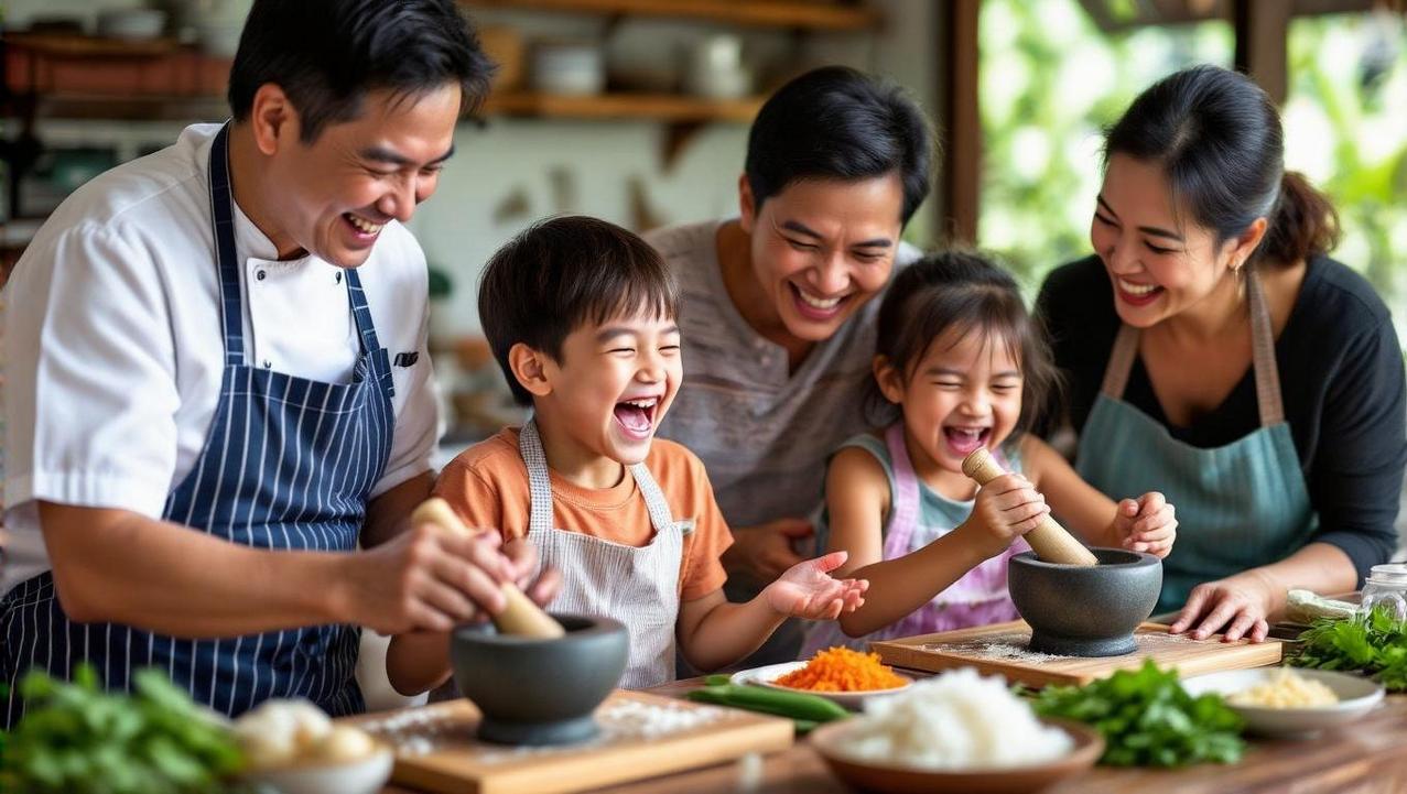 Family Creating Memories in a Thai Cooking Class A multi-generational family laughing and learning together with an instructor during a hands-on Thai cooking class, creating lasting memories.