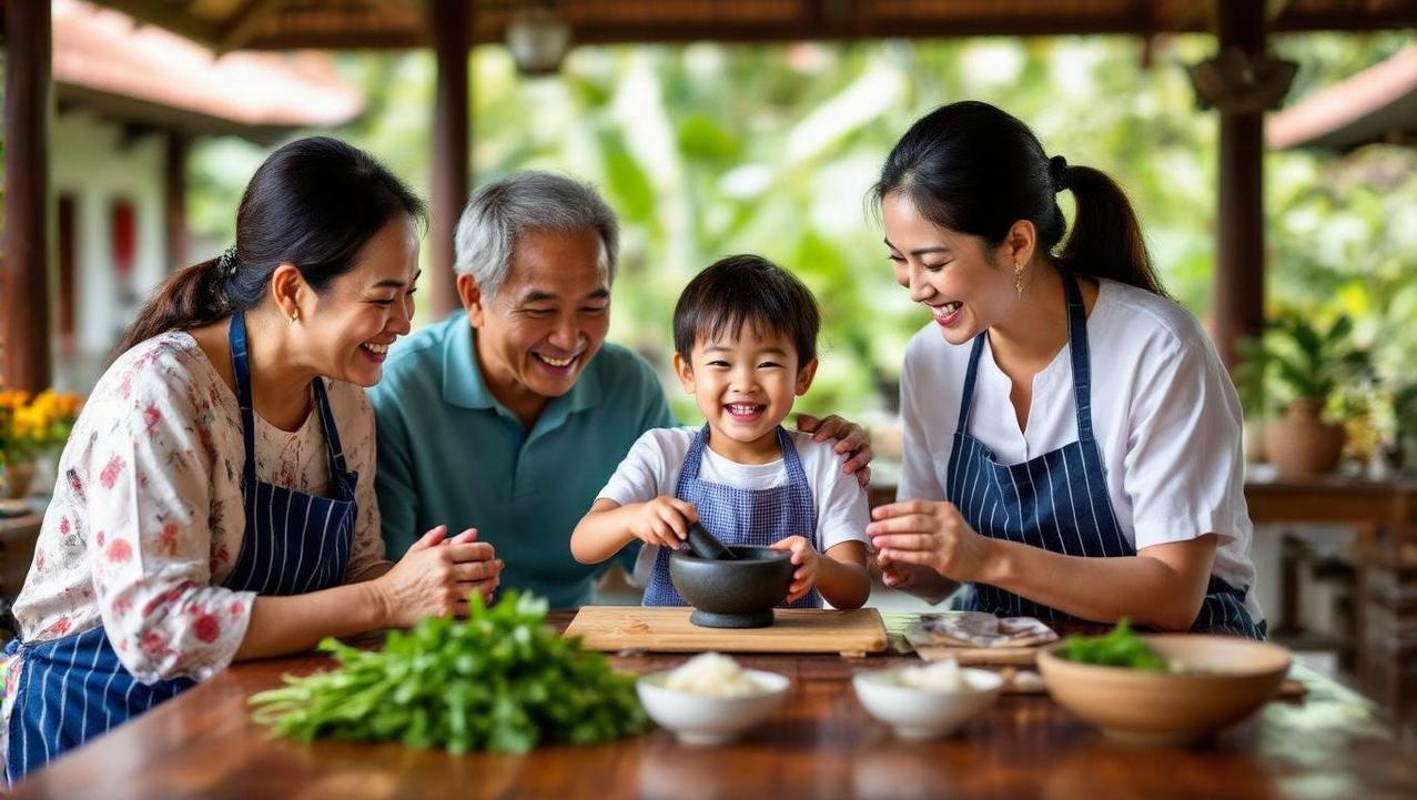 Family Fun at a Thai Cooking Class A multi-generational family joyfully participating in a hands-on Thai cooking class, a perfect cultural activity in Southern Thailand.