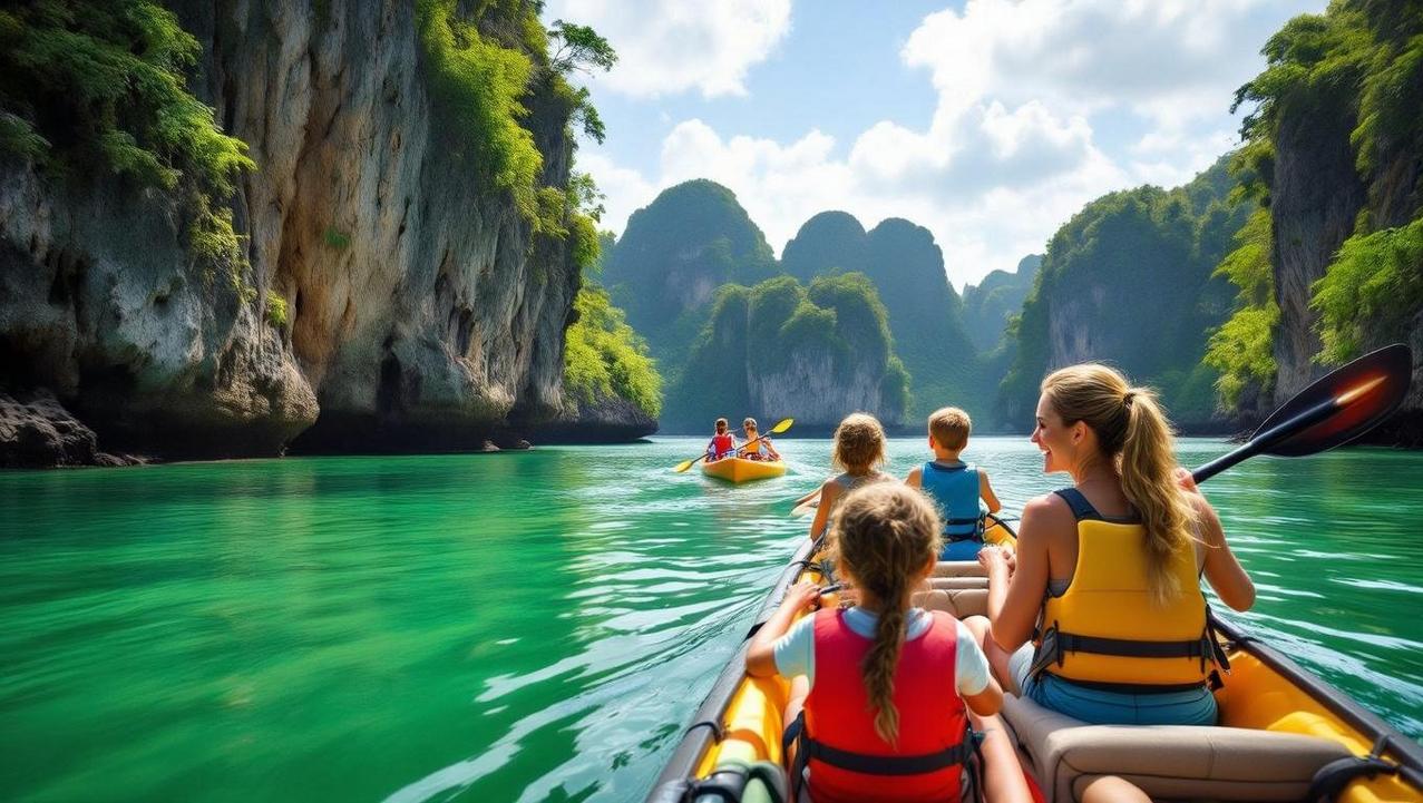 Family Kayaking Adventure in Krabi A family kayaking together in Krabi, surrounded by the province's iconic dramatic limestone karsts and green water.