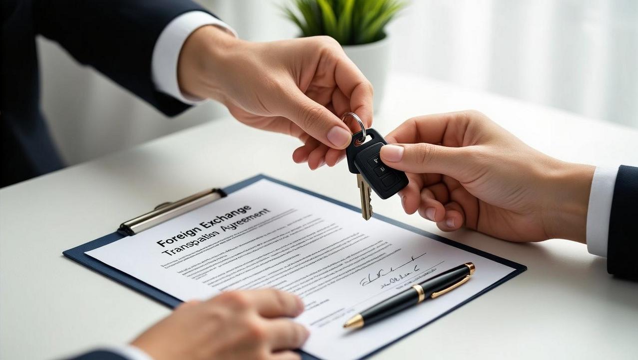 Finalizing Your Villa Purchase in Koh Samui Hands exchanging a set of modern villa keys over a signed contract, symbolizing the final step of the transaction process.
