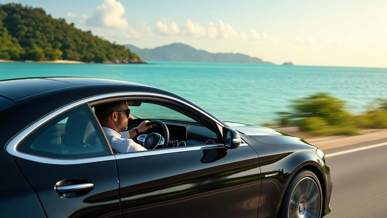 The Freedom to Explore Thailand's Scenic Roads A man in a luxury black car drives along coastal roads with vibrant turquoise water and lush green islands in the background, embodying the freedom to explore Thailand's scenic roads.