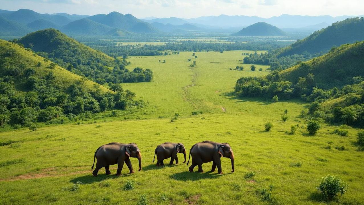 Freedom to Roam in a True Elephant Sanctuary A wide shot showing elephants with ample space to roam in a vast, green sanctuary, highlighting the need to avoid overcrowding.