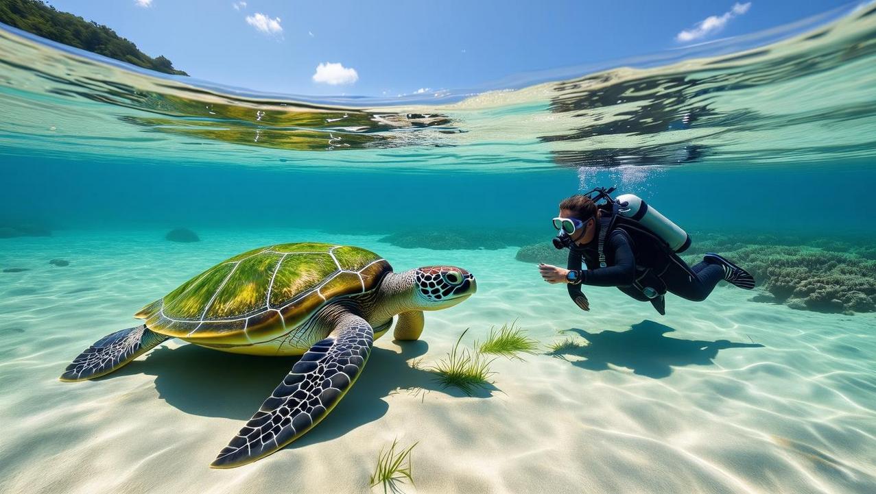A Gentle Green Turtle Encounter at the Racha Islands Experience a gentle-green-turtle-encounter off the Racha Islands, where a diver floats just above a friendly sea turtle resting on the sandy ocean floor in clear blue water.