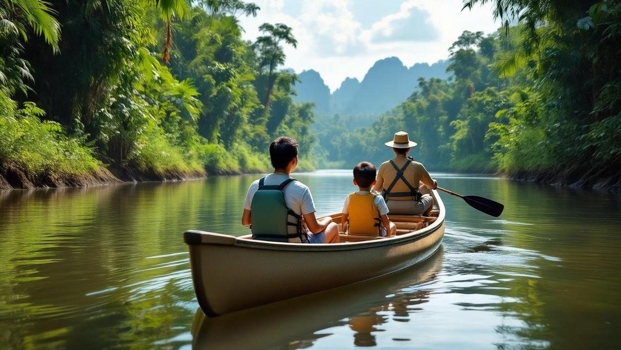 Gentle River Canoeing Adventure for Families A family enjoying a gentle and safe river canoeing trip on the Sok River in Khao Sok, guided by a local professional.