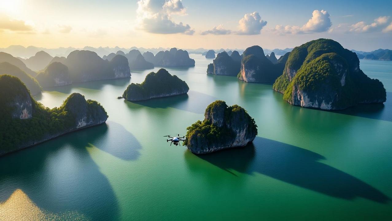 An aerial view of the majestic limestone karsts and collapsed cave systems of Phang Nga Bay, showcasing the region's unique tropical karst topography.