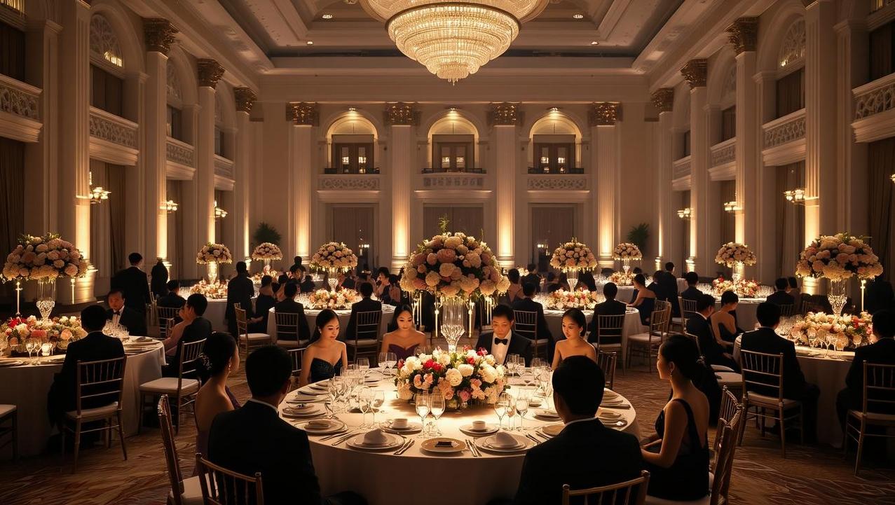 Grandeur of a Bangkok Charity Gala An atmospheric wide-angle view of a luxurious ballroom during a formal charity gala in Bangkok, filled with elegantly dressed guests.