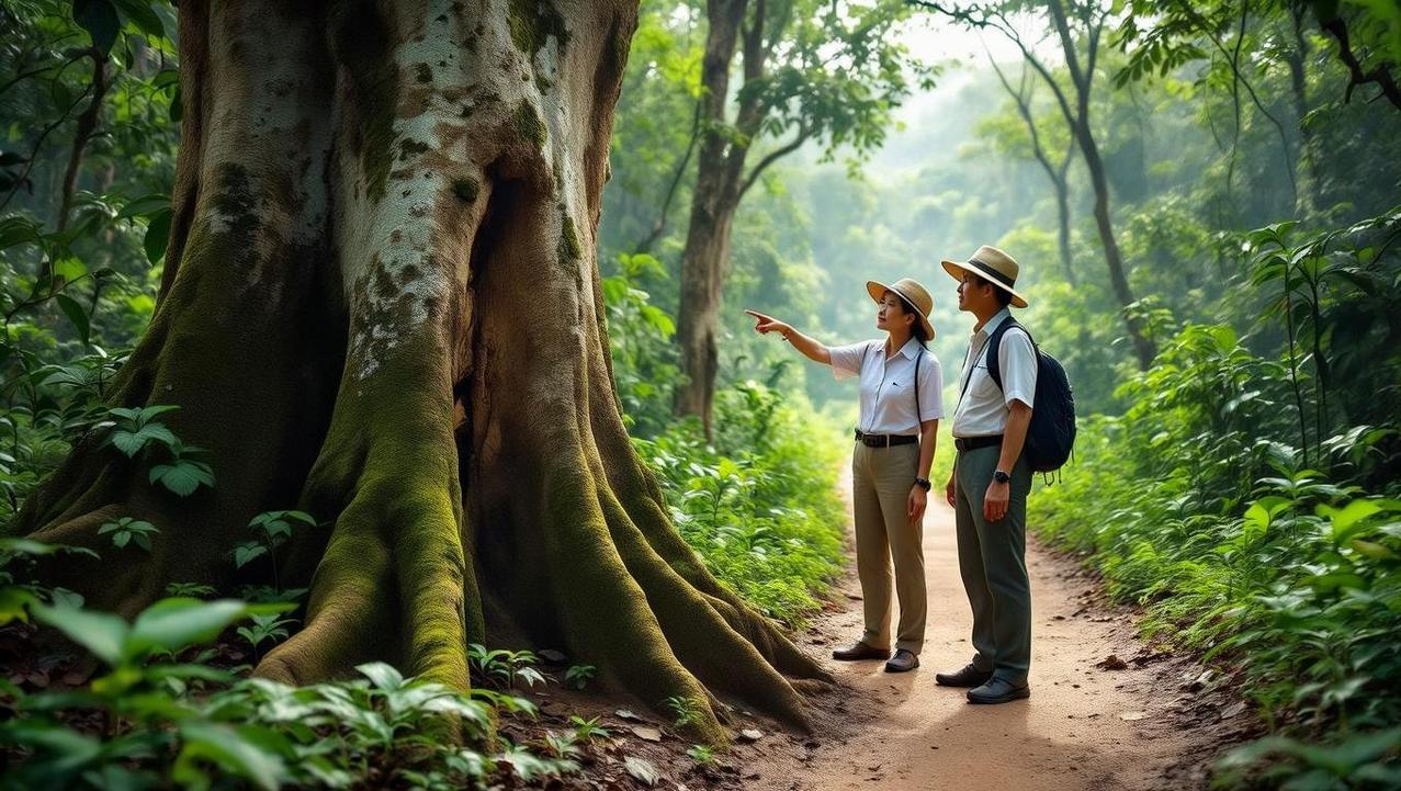 A traveler with a private guide explores the lush Khao Phra Thaeo rainforest, highlighting the luxury of a bespoke nature expedition in Phuket.