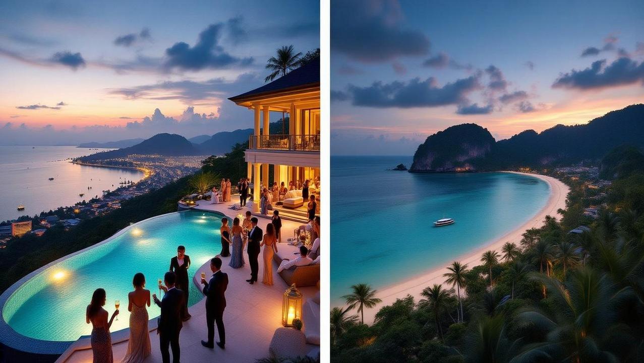 High-Speed Adventure in Phang Nga Bay A stunning high-speed adventure in Phang Nga Bay is depicted by a luxurious cliffside villa party followed by a serene beach and boat scene at sunset, capturing the essence of diverse travel experiences.
