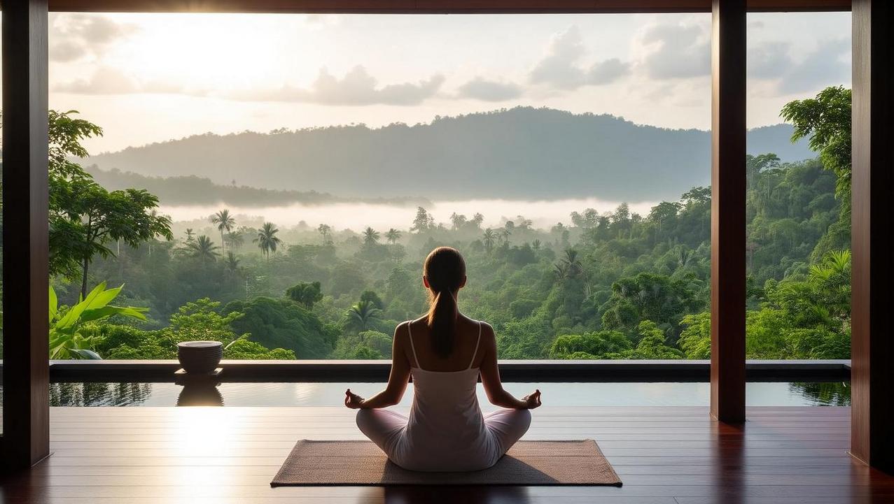 Holistic Healing and Mind-Body Balance in Koh Samui A person meditating on a tranquil private deck overlooking a lush jungle in Koh Samui, embodying the island's holistic approach to wellness and mind-body balance.