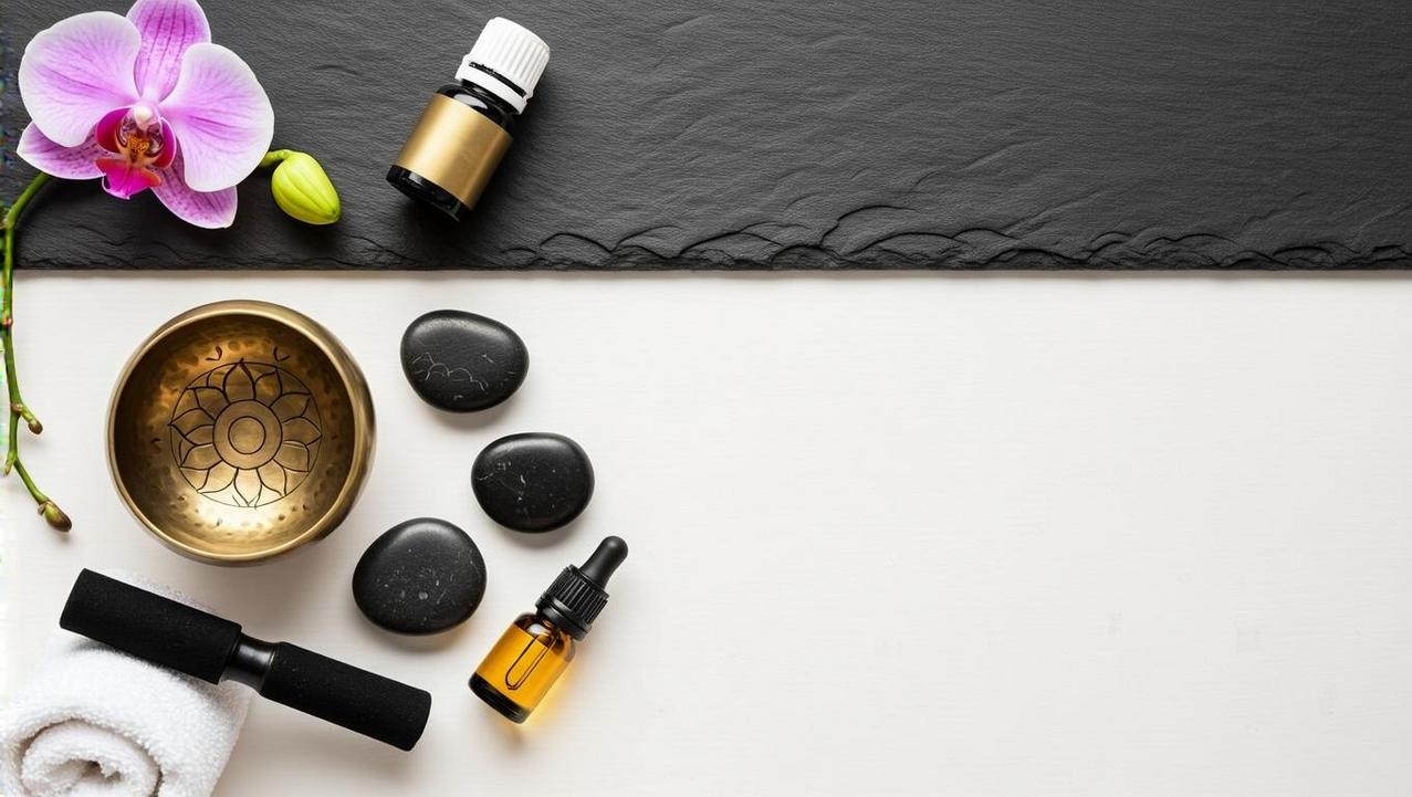 Holistic Spa Additions for Mind and Soul A flat lay symbolizing holistic wellness, featuring a Tibetan singing bowl, massage stones, and essential oil on a dark slate background.