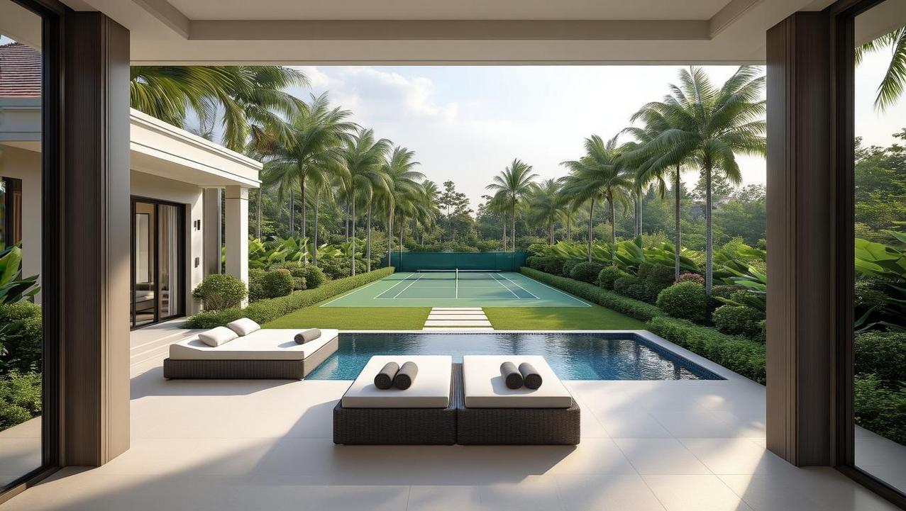 A private villa terrace in a secure, gated estate in Thailand, with easy access to shared luxury amenities like a tennis court.