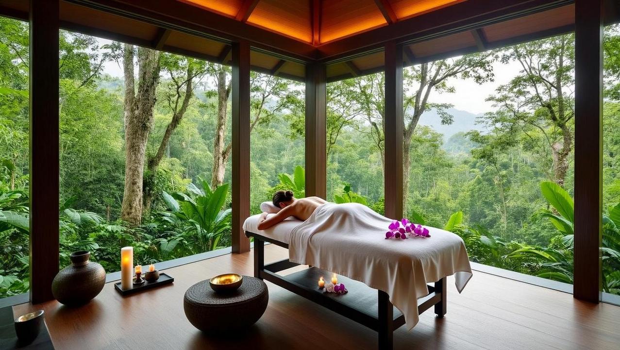 Idyllic Serenity at a Koh Samui Luxury Villa A woman receives a relaxing treatment on a massage table inside a luxury villa, surrounded by the idyllic serenity of a lush Koh Samui jungle, visible through expansive windows.