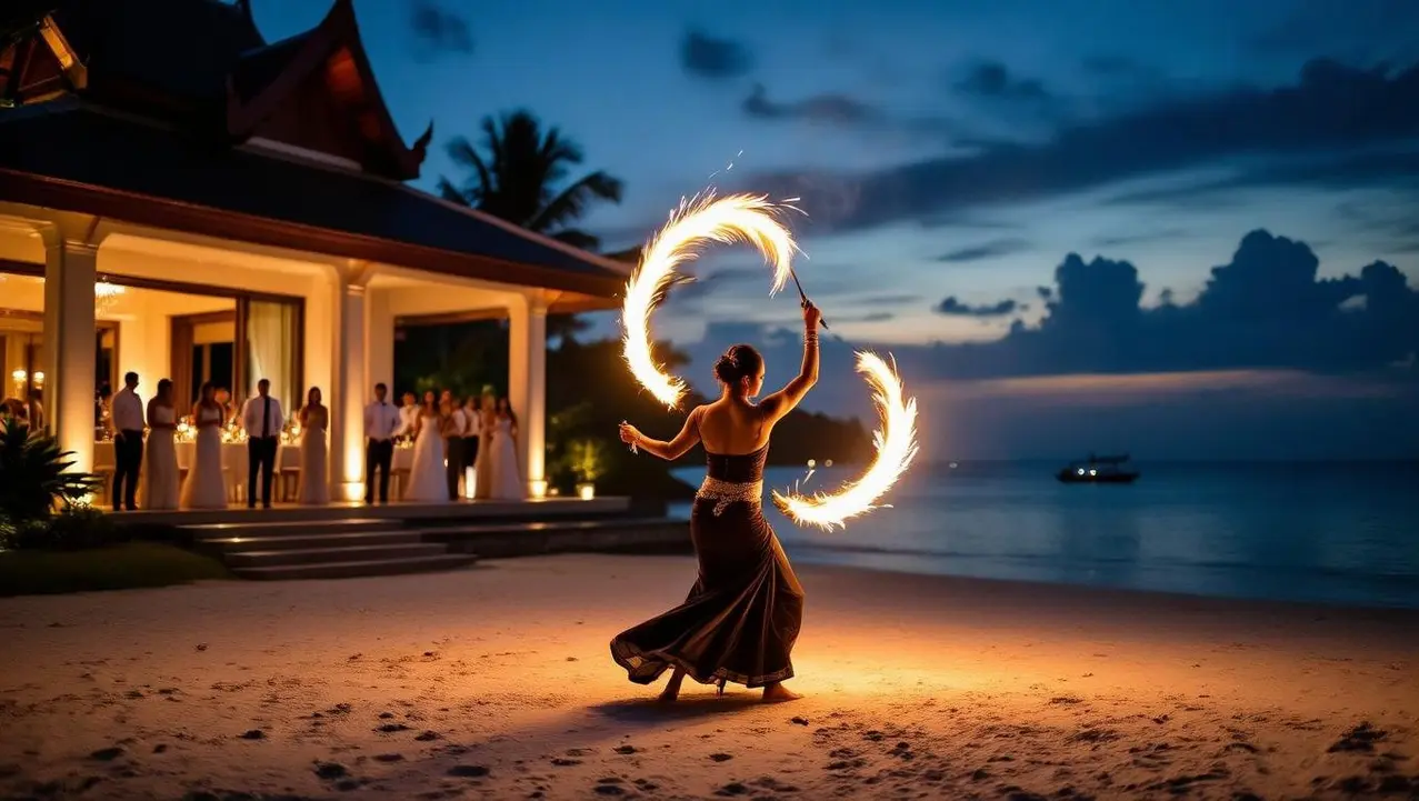 Immersive Wedding Entertainment with a Fire Show A captivating fire show performer entertains guests at an immersive wedding event on a beach at dusk, with attendees watching from a luxury beachfront villa.