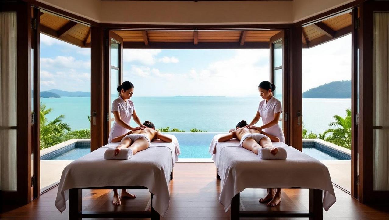 In-Villa Wellness and Spa Sanctuary Enjoy an in-villa wellness and spa sanctuary, with two women receiving massages in a luxurious room overlooking a stunning ocean view and infinity pool.