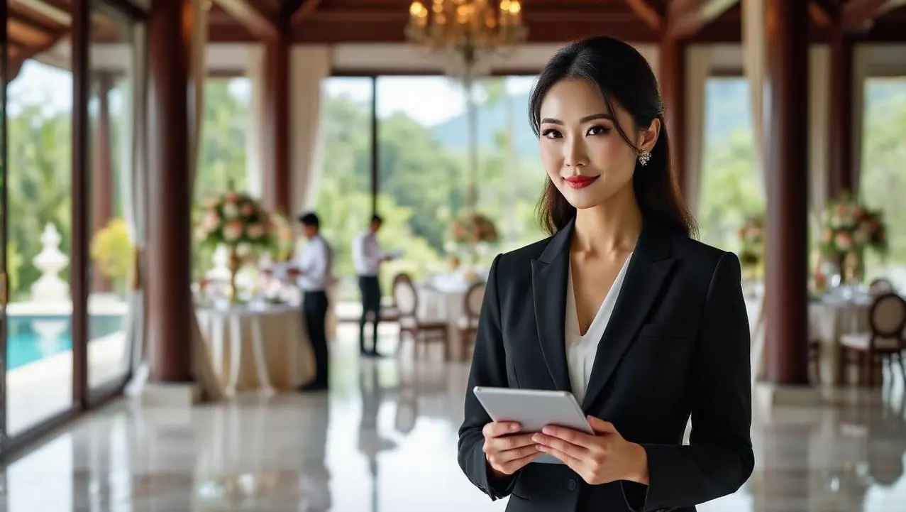 The Indispensable Role of the Wedding Planner A professional wedding planner in a black blazer smiles while holding a tablet in a luxurious venue with outdoor views, highlighting the indispensable role of wedding planner services.
