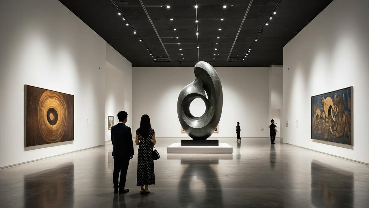 Inside Thailand's Modern Art Institutions Visitors admiring contemporary Thai sculpture in the minimalist, grand hall of a modern art museum in Bangkok, representing the ecosystem of the Thai art world.