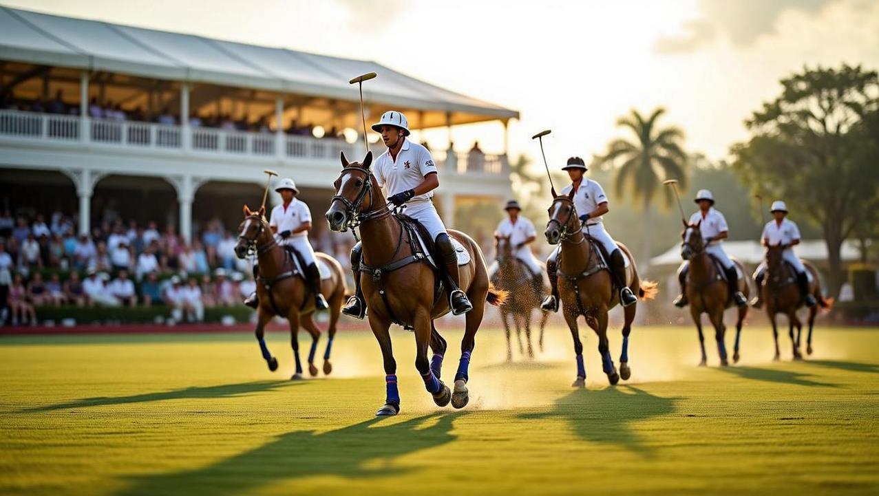 Inside Thailand's Invitation-Only Charity Galas Polo players on horseback gallop across a lush green field during one of inside Thailand's invitation-only charity galas, with spectators visible in the grandstand in the background.