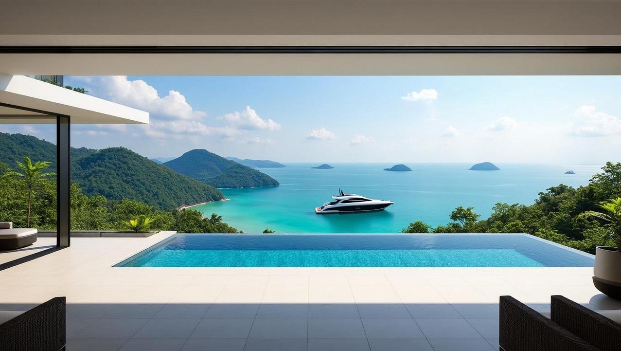 A view from a luxury villa's infinity pool overlooking a bay with a yacht, symbolizing the integration of the yachting lifestyle with luxury real estate in Thailand.