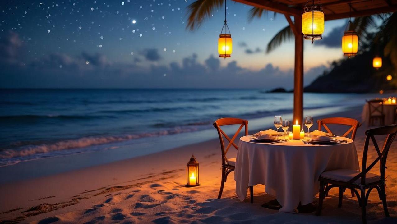 Intimate Beachfront Dining Experience A romantic, candle-lit dinner table for two set on the sand of a beach at night, with lanterns creating a warm and intimate atmosphere.