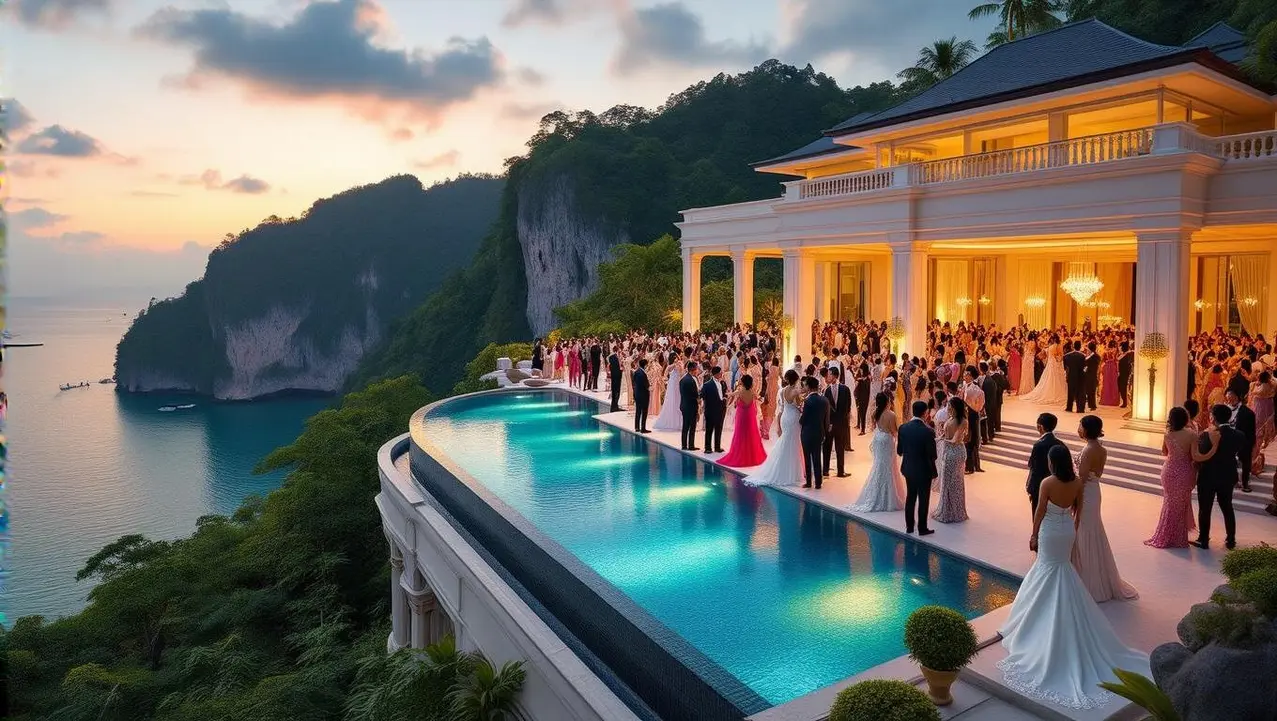 Intimate Bohemian Wedding on Koh Samui A luxurious wedding celebration is underway at a grand estate on Koh Samui, with an infinity pool overlooking a stunning coastal sunset.