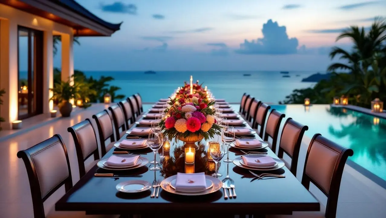 Intimate Wedding Dinner Reception in a Thai Villa An elegant long table is set for an intimate wedding dinner reception in a Thai villa, overlooking the ocean at dusk with candles glowing around a vibrant floral centerpiece.