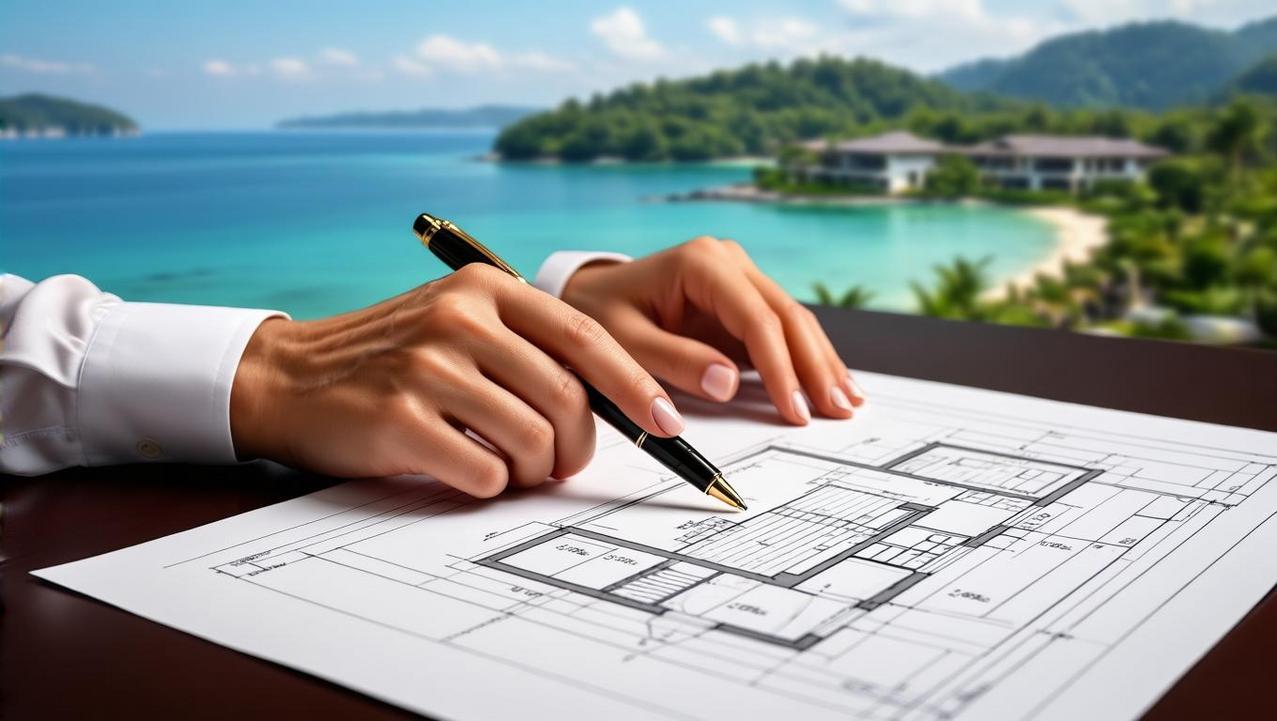 Investing in Phuket's Prestigious Real Estate A conceptual image of luxury real estate investment in Phuket, with architectural blueprints over a coastline backdrop representing Surin and Kamala.