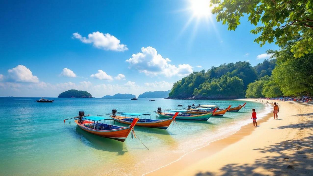 A realistic photo of the curved bay of Kamala Beach, Phuket, with colourful long-tail boats and a family walking by the calm sea, illustrating its relaxed, family-friendly atmosphere.