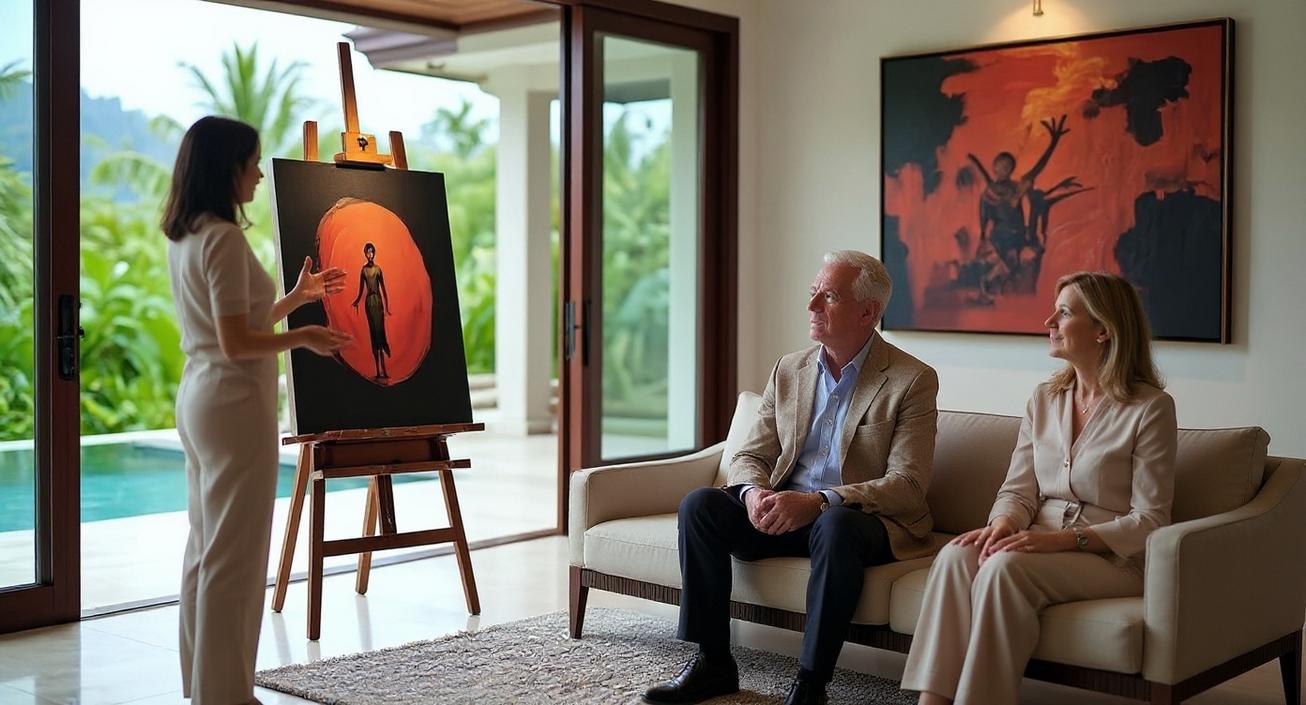 Koh Samui as an Exclusive Artistic Hub A gallerist presents a Buddha painting to buyers in a luxurious villa, highlighting Koh Samui as an exclusive artistic hub.