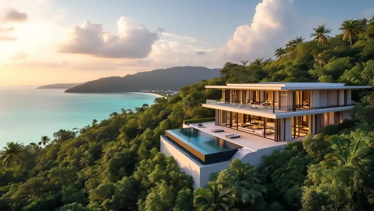 Koh Samui's Boutique Villa Charm for a Wedding A stunning Koh Samui boutique villa with beautiful modern architecture and an infinity pool, nestled into a lush green hillside overlooking a tranquil bay at sunset, perfect for a wedding.