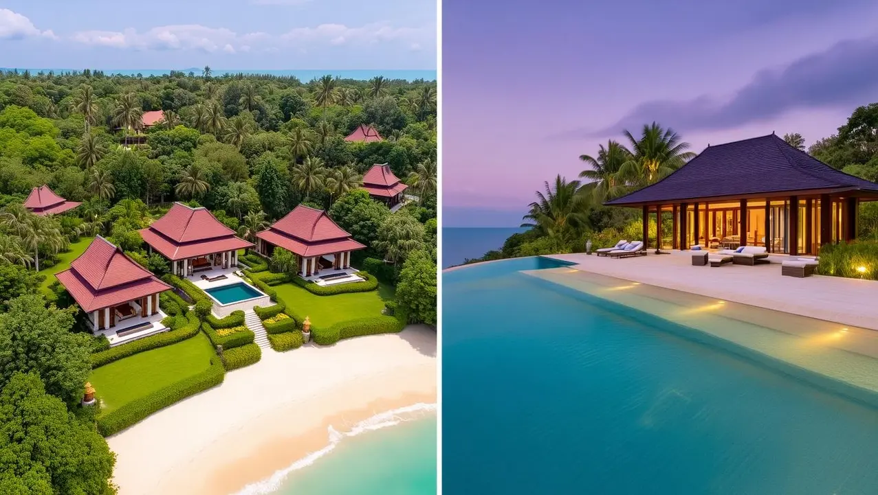Koh Samui Estate vs Phuket Statement Villa An aerial view of a luxurious Koh Samui estate with multiple villas nestled in lush greenery beside a white sand beach, contrasted with a stunning Phuket statement villa featuring an infinity pool at sunset.